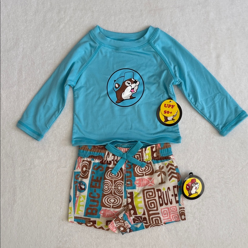 {NWT} BUC-EE'S | Buc-ee Beaver Rashguard UPF 50+ Swim Shirt & Trunk Set (3-6M)